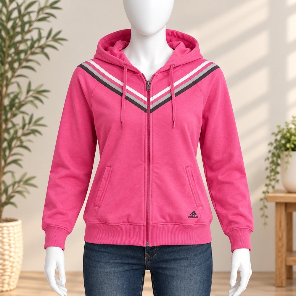 Adidas Full Zip Hoodie Women Medium Pink Chevron Stripe Track Jacket 3287